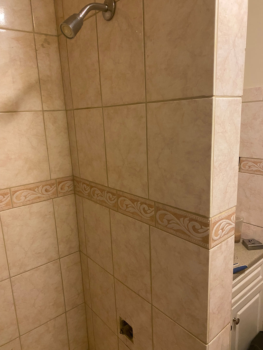 before picture Beige tiled wall with decorative border in a bathroom setting