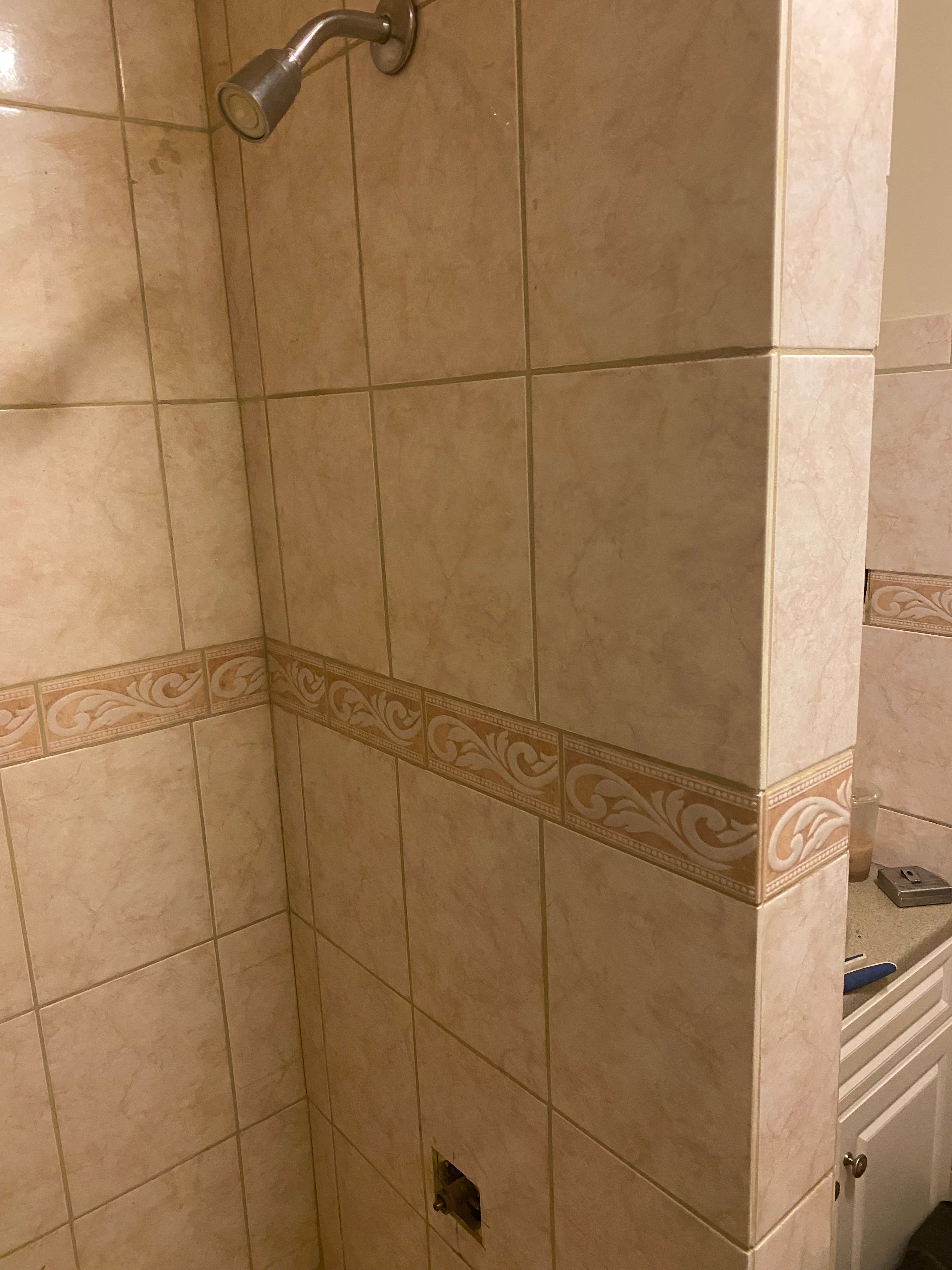 before picture Beige tiled wall with decorative border in a bathroom setting